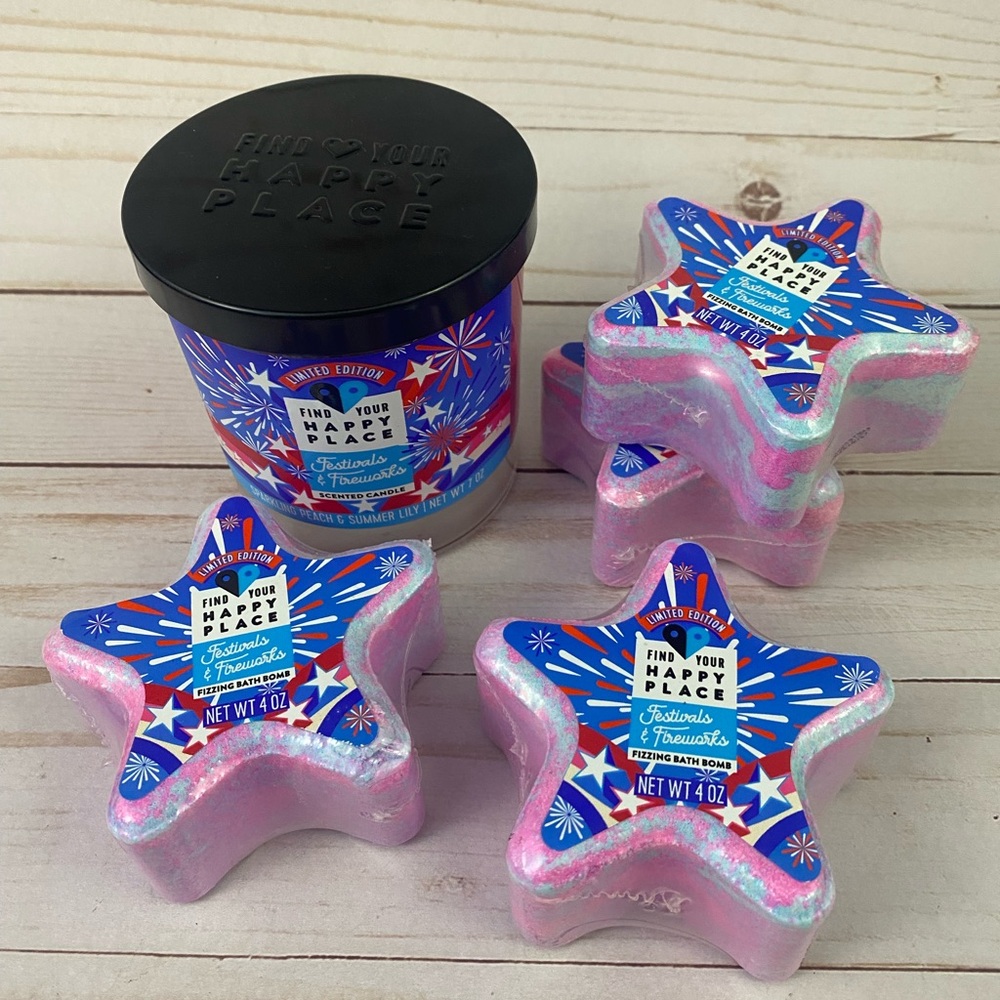 Find Your Happy Place Lot Festivals & Fireworks Jar Candle 7 oz & 4x Bath Bombs